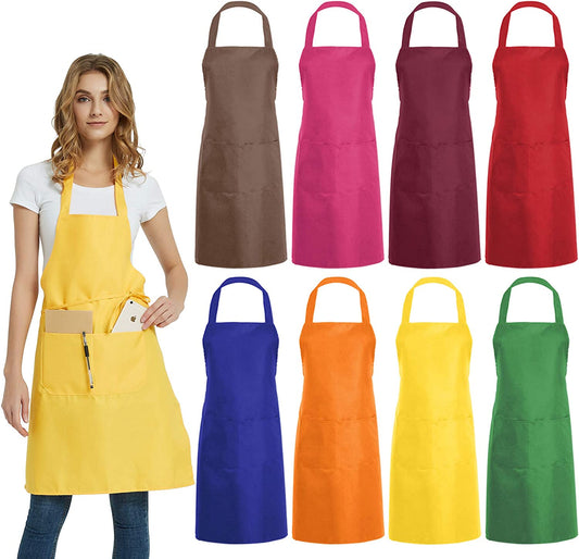 8 PCS Plain Bib Aprons Bulk - Mixed Color Commercial Apron with 2 Pockets for Kitchen Cooking Restaurant BBQ Painting Crafting