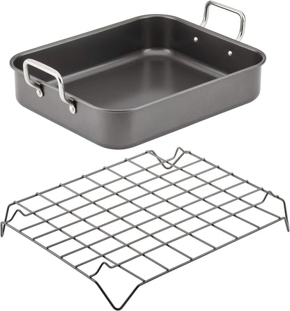 Rachael Ray Bakeware Nonstick Roaster/Roasting Pan with Reversible Rack, 16.5 Inch X 13.5 Inch, Gray