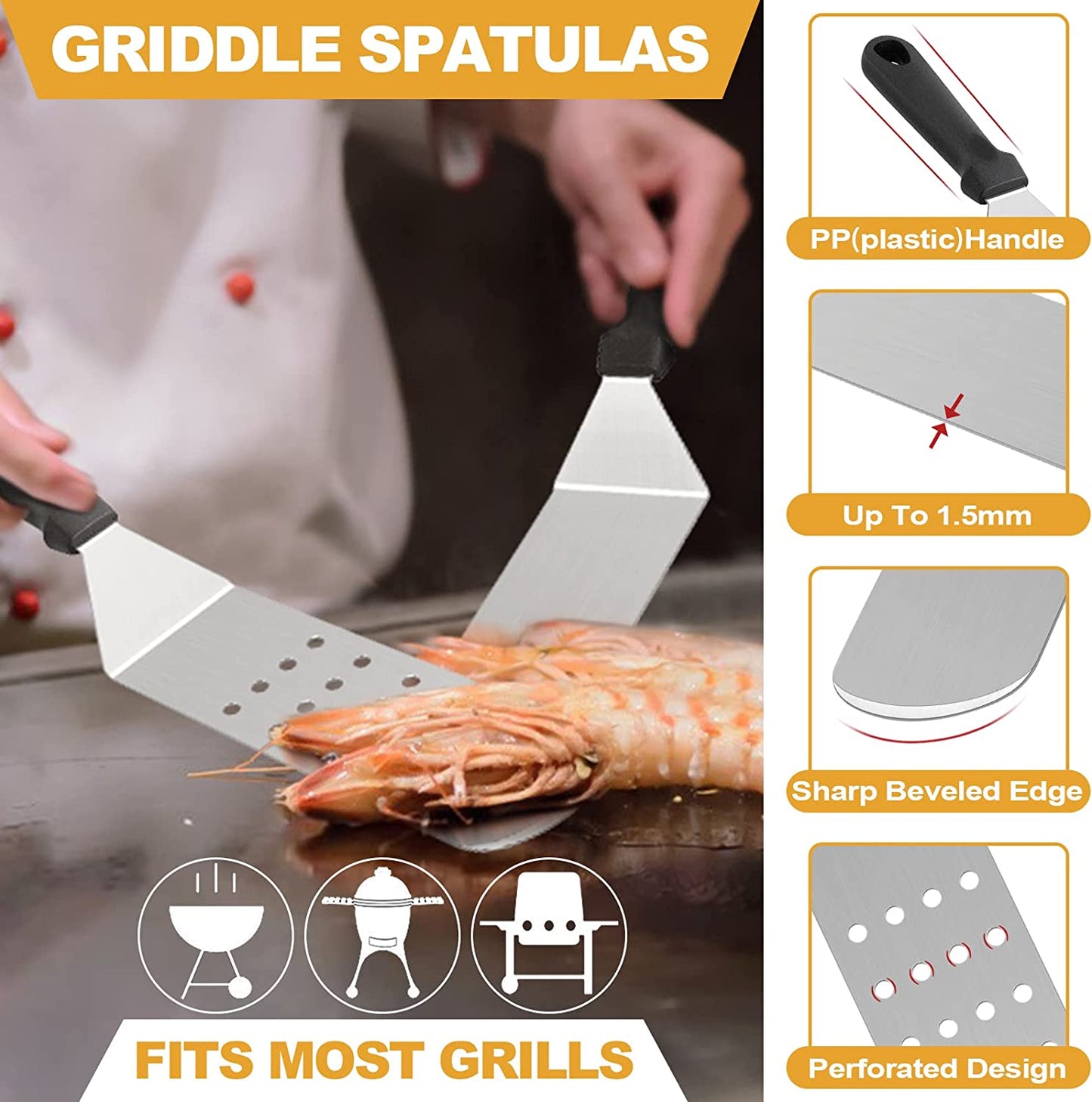 Griddle Accessories Kit of 5, Hasteel Heavy Duty Metal Spatula, Professional Stainless Steel Flat Top Griddle Tools Set, Pancake Flipper/Griddle Scraper/Hamburger Turner for BBQ Grilling Cast Iron