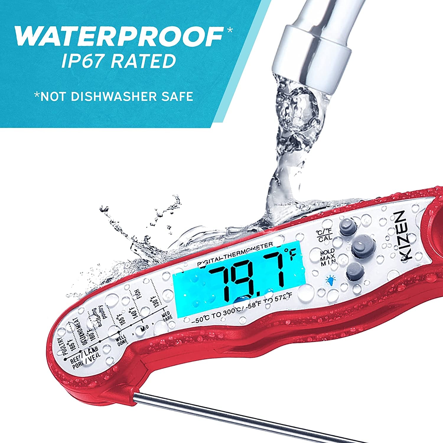 Digital Meat Thermometer with Probe - Instant Read Food Thermometer for Cooking, Grilling, BBQ, Baking, Liquids, Candy, Deep Frying, and More - Red/White