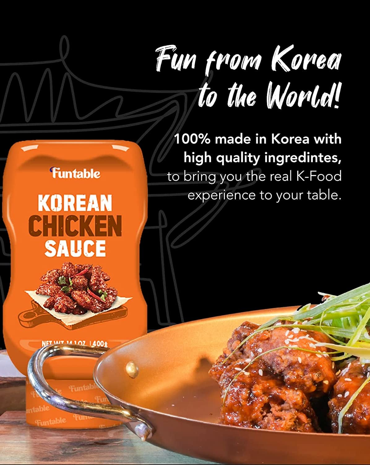 Funtable Delicious Korean Chicken Sauce (14.1Oz, Pack of 1) - Authentic Korean Flavor, Low-Calorie Sticky & Tangy Sauce. Ideal for Fried Chicken, Nuggets, Dipping & More