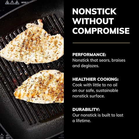 Image of Professional 10.5” Square Grill Pan - Easy-To-Use Nonstick Cookware - Dishwasher, Metal Utensil & Oven Safe - Made in Denmark