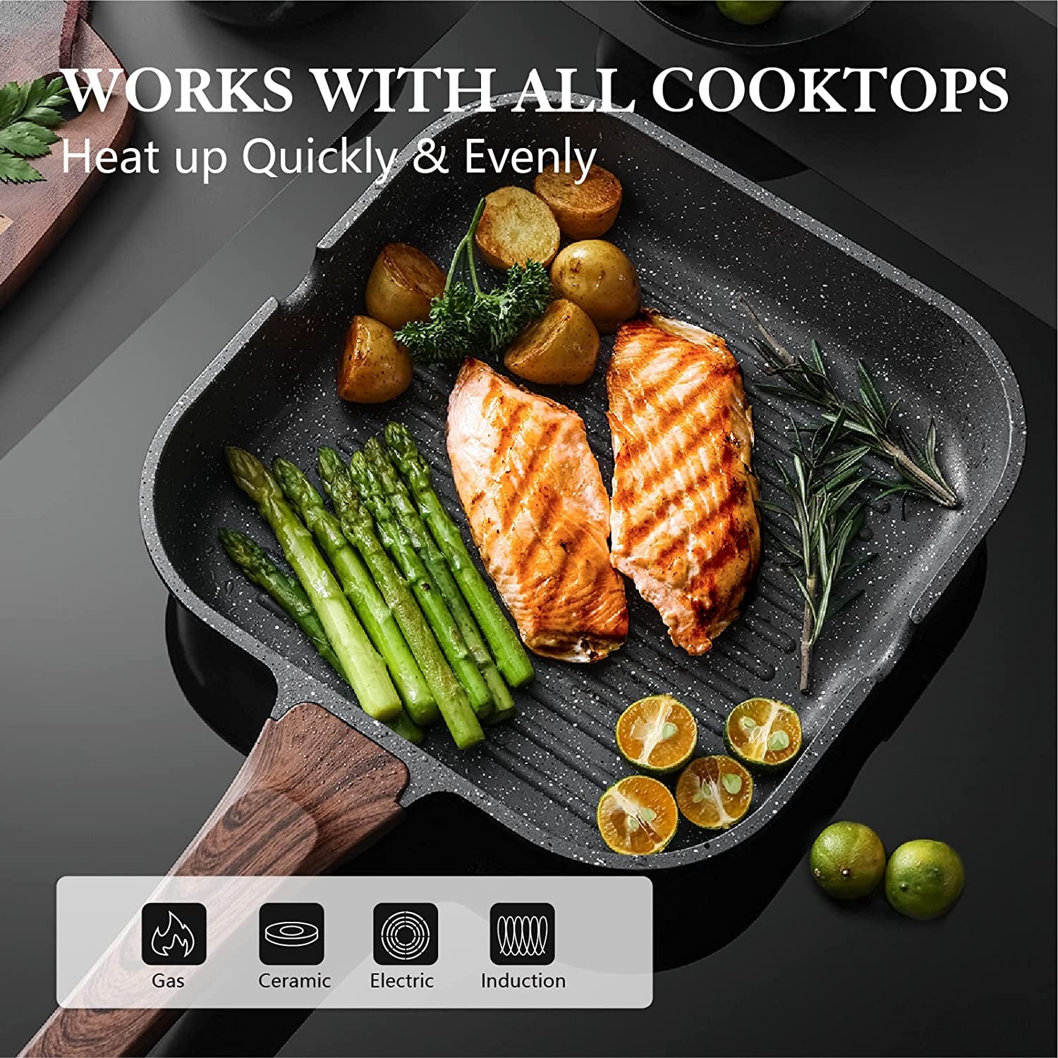 Nonstick Grill Pan for Stove Tops, Versatile Griddle with Pour Spouts, Square Big Cooking Surface, Durable Skillet Indoor & Outdoor Grilling. PFOA Free, 9.5 Inch