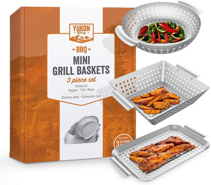 Grill Basket - ™ 3-Piece Mini Grilling Basket Set - Stainless Steel Perforated Grill Baskets for Grilling Veggies Seafood and Meats Includes Grill Pan - Square Basket and Circular Basket