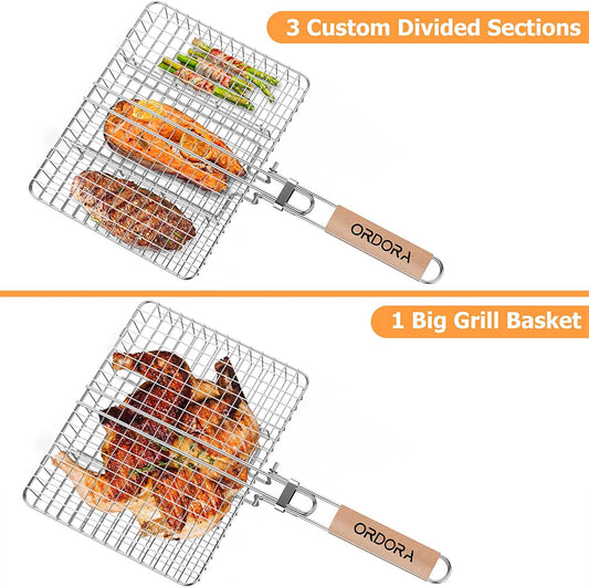 Grill Basket, Fish Grill Basket, Rustproof Stainless Steel BBQ Grilling Basket for Meat,Steak, Shrimp, Vegetables, Chops, Heavy Duty Grill Basket Outdoor Grill Accessories