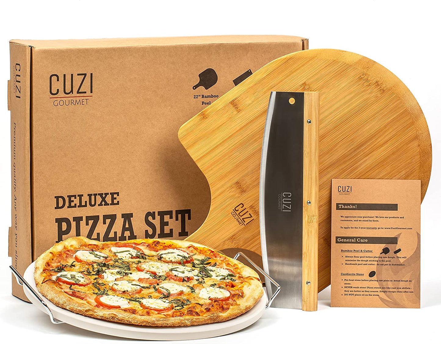 4-Piece Large Pizza Stone Set - 13" Thermal Shock Resistant Cordierite Pizza Stone with Handle Rack, 19" Natural Bamboo Pizza Peel & Pizza Cutter - Large Baking Stone for Grill and Oven