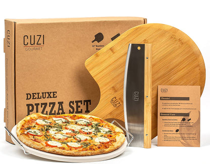 4-Piece Large Pizza Stone Set - 13" Thermal Shock Resistant Cordierite Pizza Stone with Handle Rack, 19" Natural Bamboo Pizza Peel & Pizza Cutter - Large Baking Stone for Grill and Oven