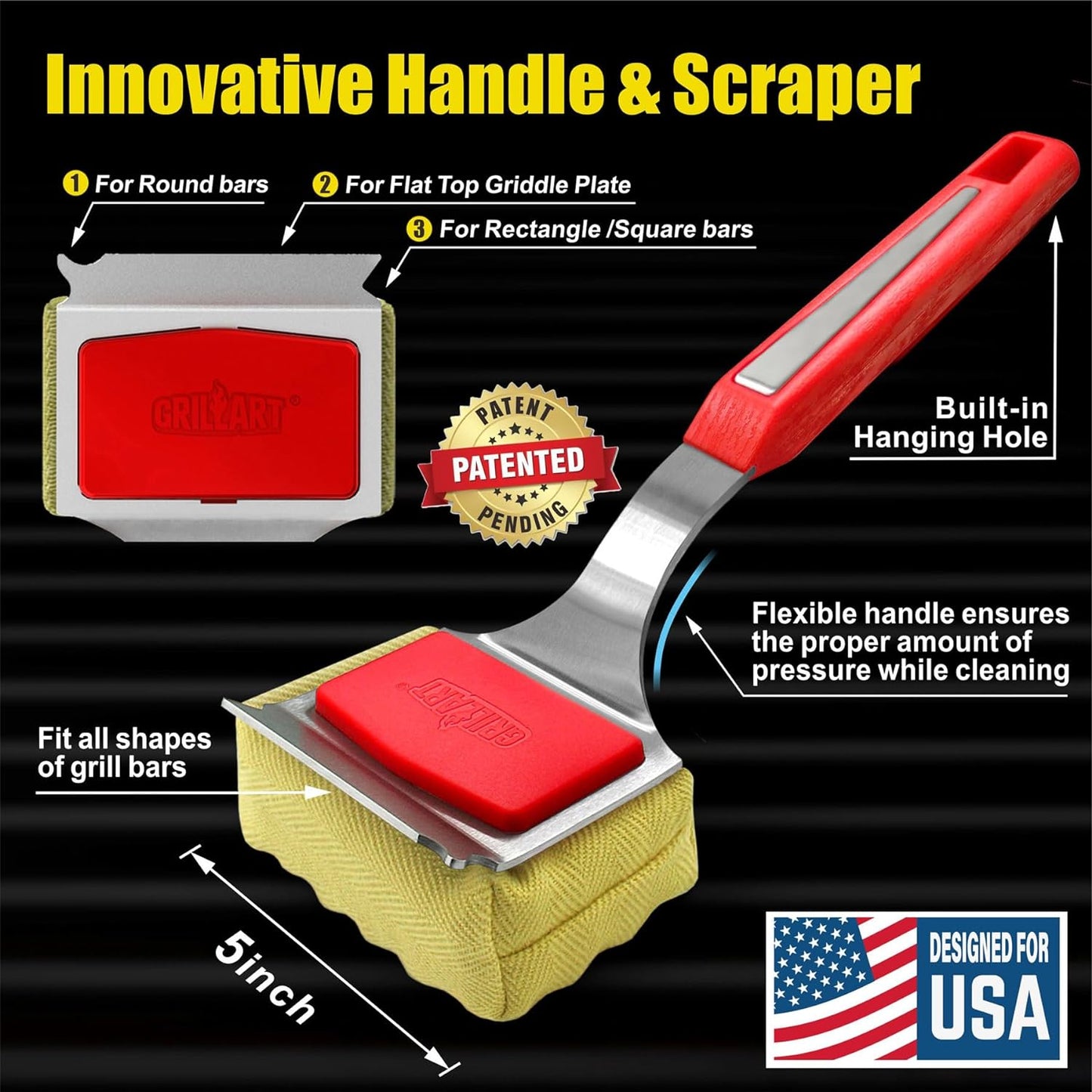 Grill Brush Bristle Free. [Rescue-Upgraded] BBQ Replaceable Cleaning Head, Unique Seamless-Fitting Scraper Tools for Cast Iron/Stainless-Steel Grates, Safe Barbecue Grill Cleaner-Red
