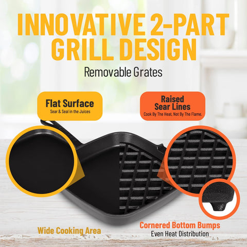 Image of Grill Pan - 2-Part Cast Iron Grill Pan with Removable Grill Grate - Square Pans for Grilling, Searing, BBQ, and More - Oven-Safe up to 450° - Ready Criss Cross Lines - Also Use as Griddle