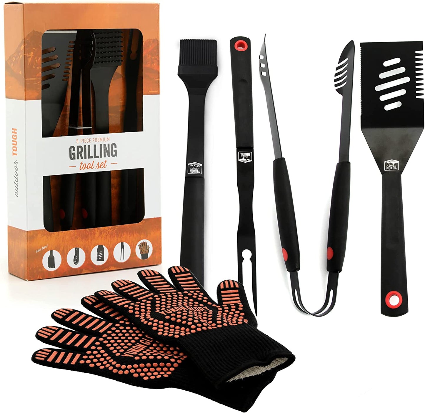 ™ Heavy Duty 5 Piece Grilling Tools Set, Durable Stainless Steel BBQ Accessories, Long Handle 3 in 1 Spatula, Tongs, Brush, Grill Fork, Thick Grilling Gloves, Gift Set