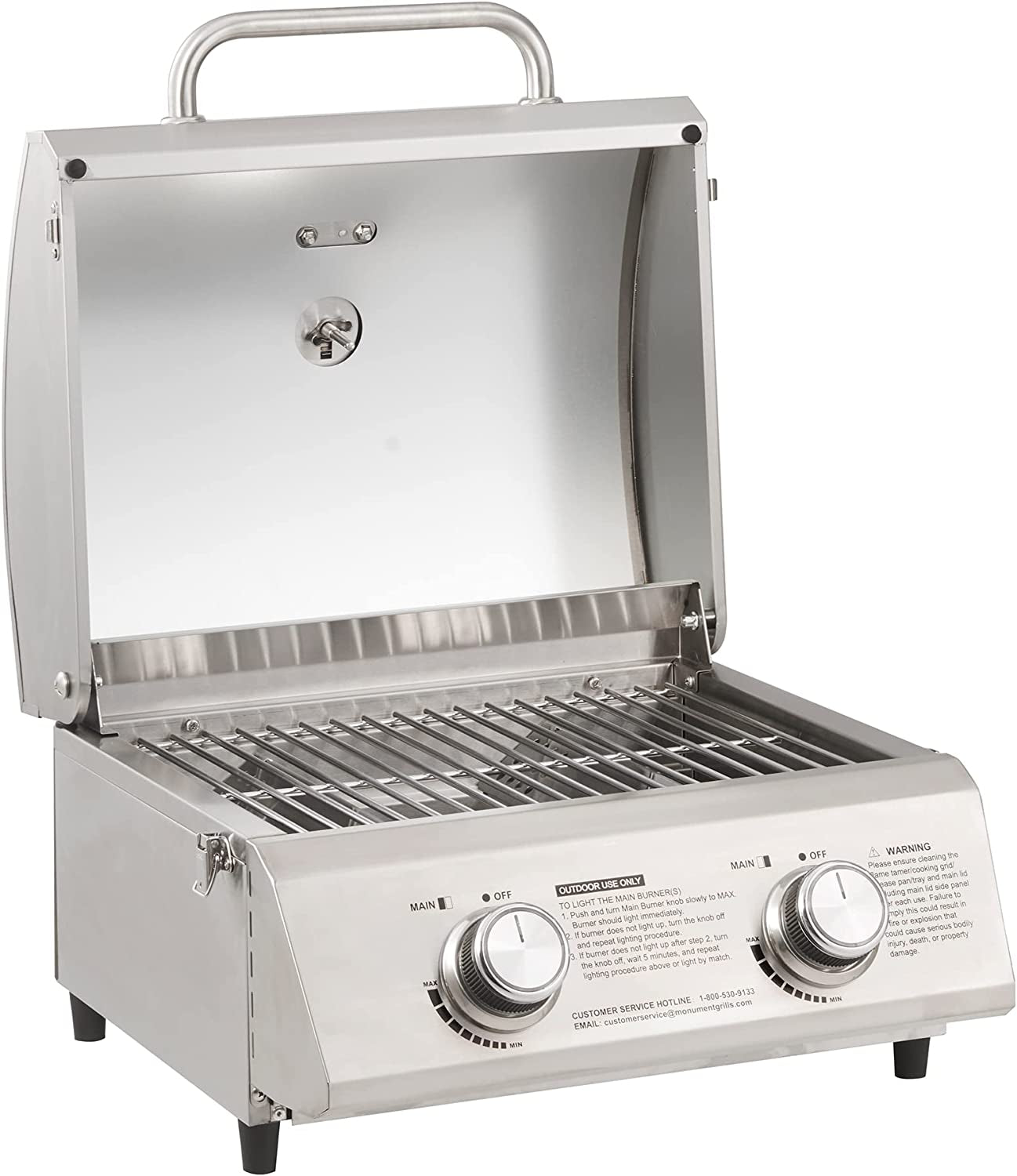 Tabletop Propane Gas Grill for Outdoor Portable Camping Cooking with Travel Locks, Stainless Steel High Lid, and Built in Thermometer