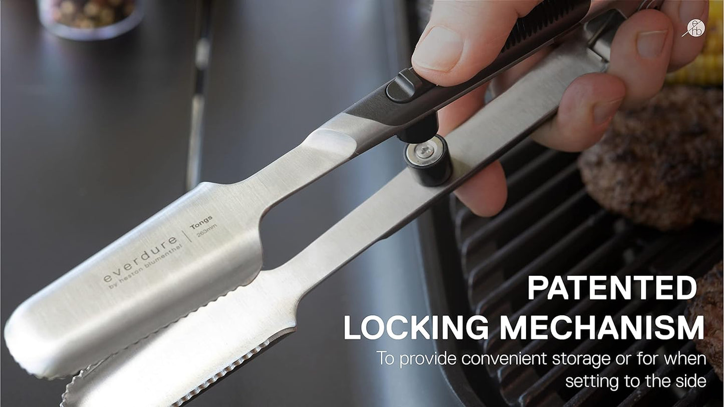 by Heston Blumenthal Premium Medium Grilling Tongs: Brushed Stainless Steel with Soft Grip Handle, Sturdy Tongs for Cooking, Great for Grilling Large Cuts of Meat, Bottle Opener and Hang Zone