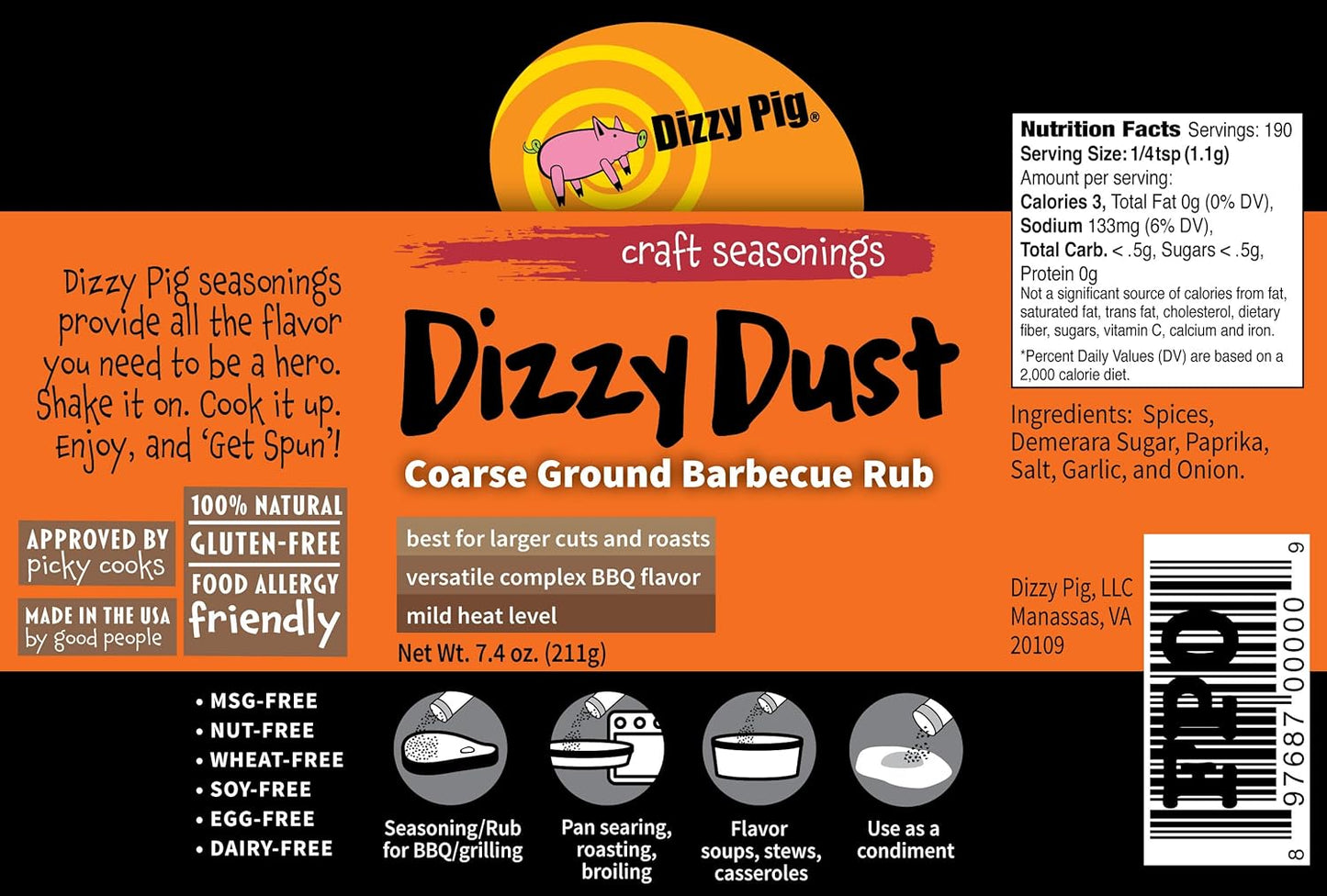 Dizzy Dust All-Purpose BBQ Seasonings - Dizzy Dust Coarse Grind (8Oz. Shaker)