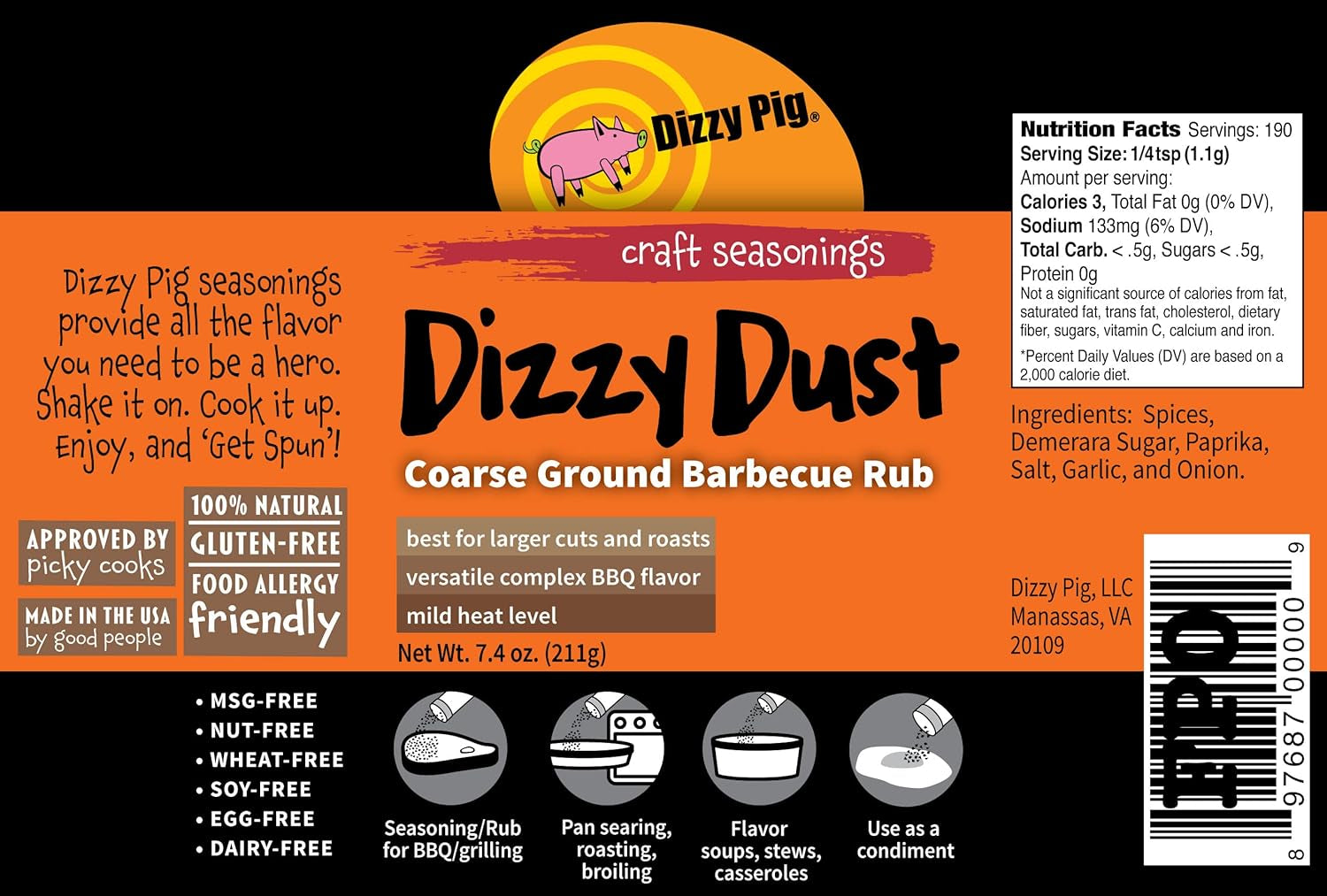 Dizzy Dust All-Purpose BBQ Seasonings - Dizzy Dust Coarse Grind (8Oz. Shaker)
