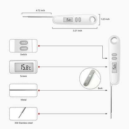 Instant Read Meat Thermometer for Kitchen Cooking, Waterproof Food Thermometer with Stainless Steel Probe and Backlight for BBQ, Grilling and Bakery White