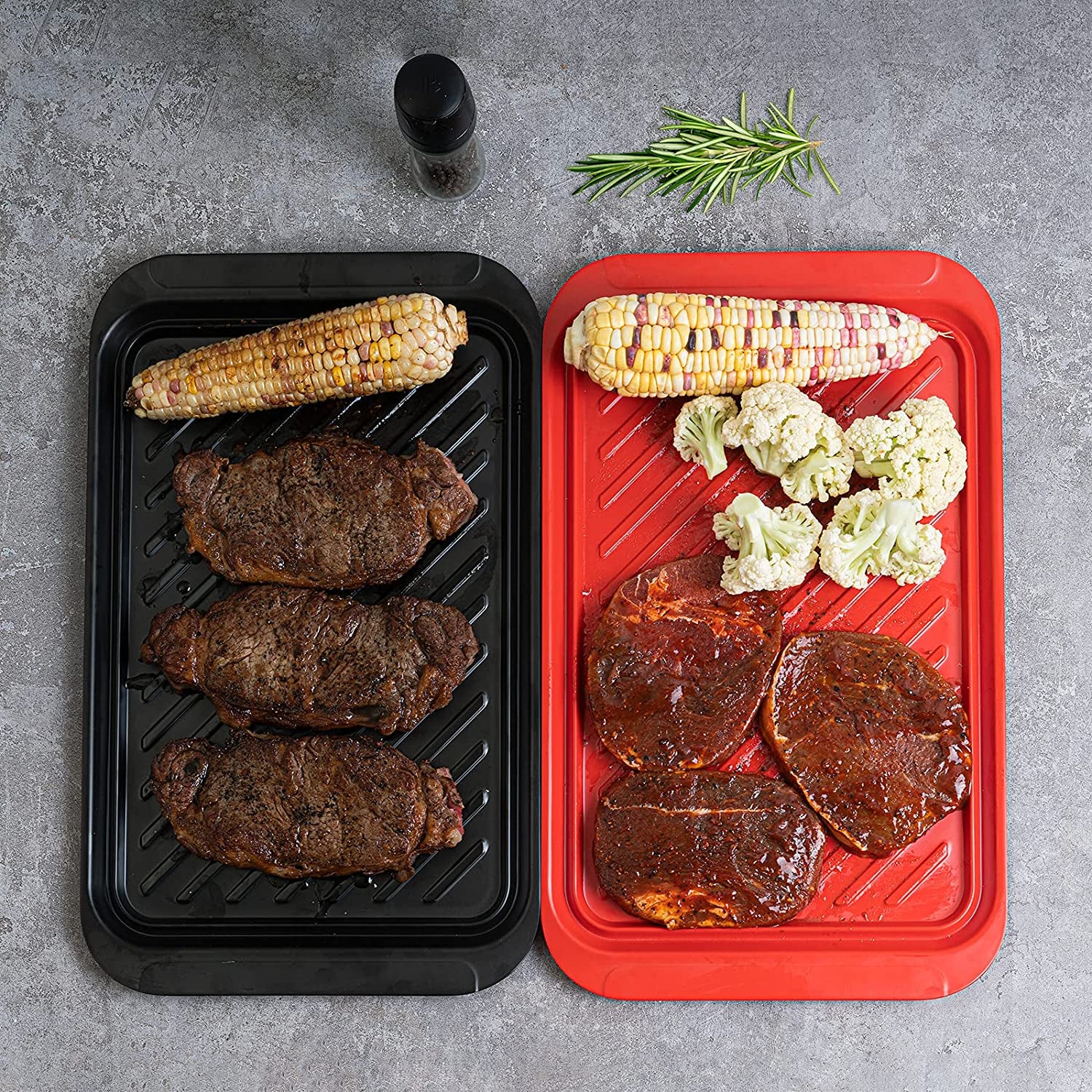 Serving Trays with Handles, Melamine Grill Prep and Serving Platters for Outdoor, Parties and BBQ, Set of 2, Black and Red