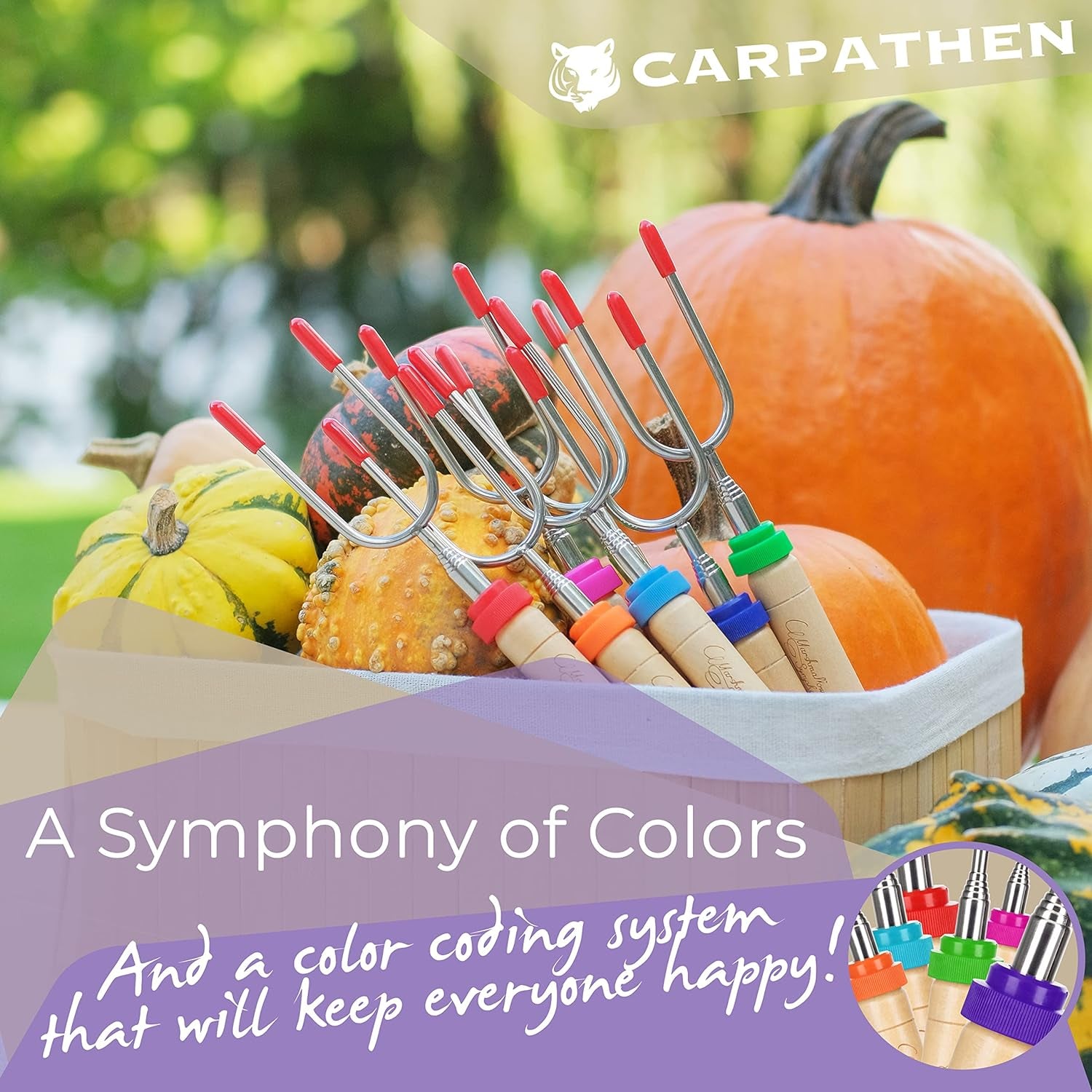 CARPATHEN Marshmallow Roasting Sticks - Set of 6 Rotating Smores Sticks - Extra Long Telescoping Marshmallow Sticks for Fire Pit, Campfire & Bonfire - Camping Accessories & Kids Gifts for Halloween