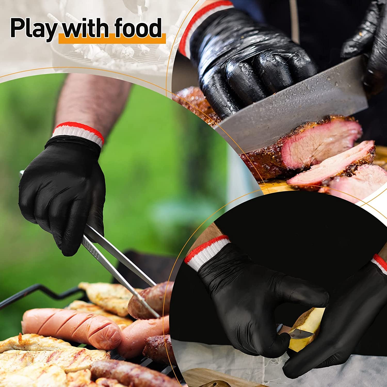 200 Pcs Disposable BBQ Gloves with 4 Pairs Cotton Liners Grilling Gloves BBQ Cooking Gloves(Black, White, Large)