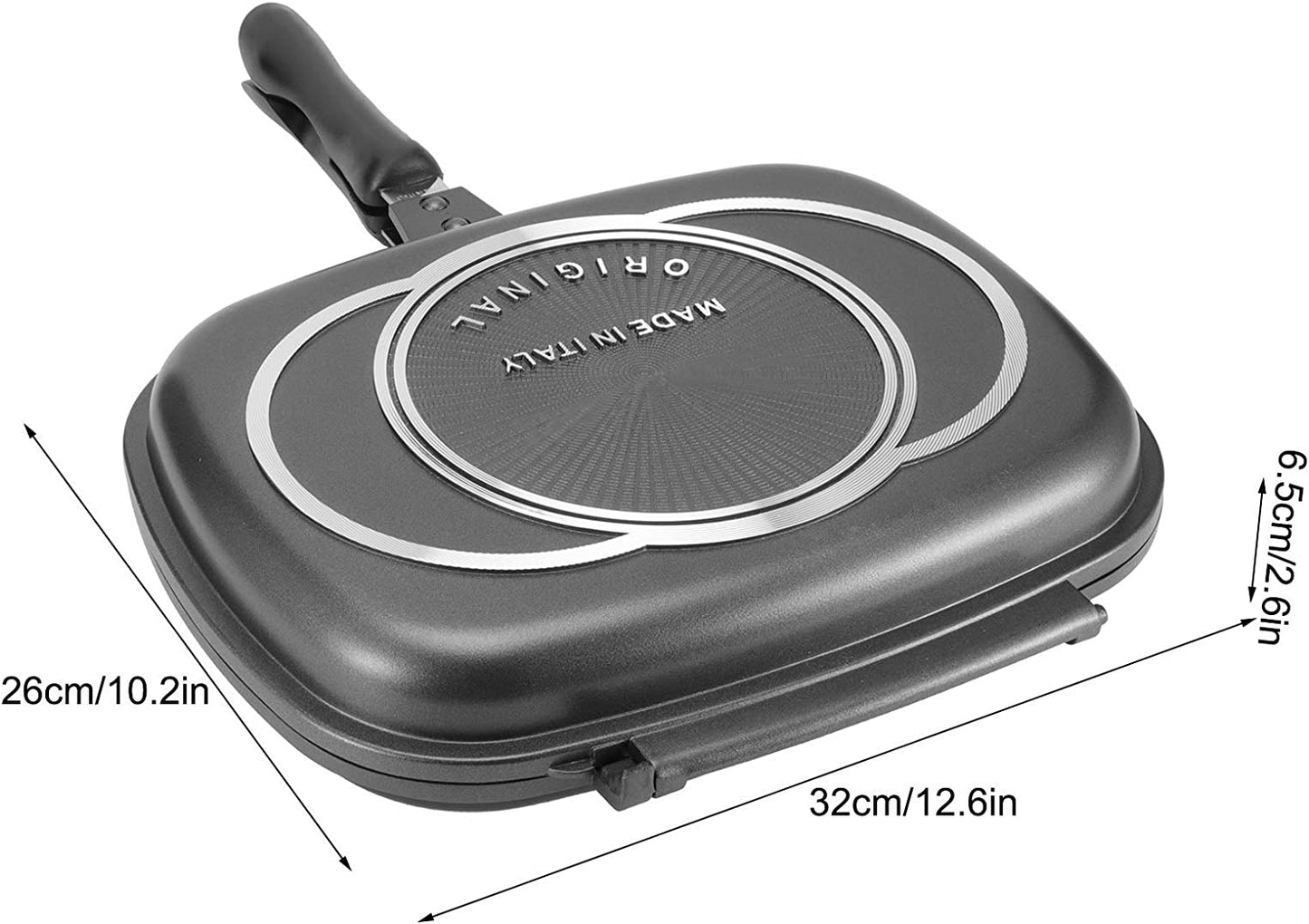 Double-Sided Frying Pan, 32Cm/12.6In BBQ Grill Pan, Double Side Pressure Cooking Grill Pan, Portable Grill Pot for Home Cooking, Anti‑Burn Handle, Grill Cookware Kitchen Supplies