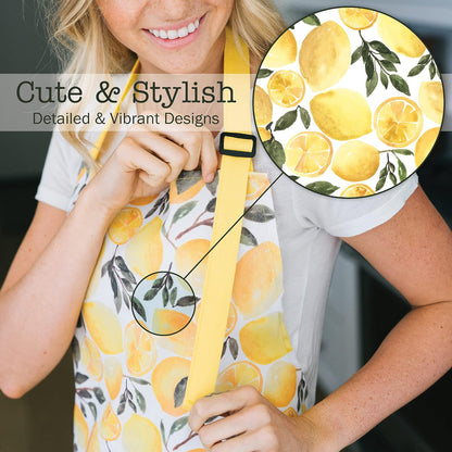 Adjustable Designer Kitchen Apron for Adults | 100% Machine Washable Cotton Cooking Apron with Pockets and Adjustable Neck Buckle | 27" Wide X 33" Long | Yellow Lemons