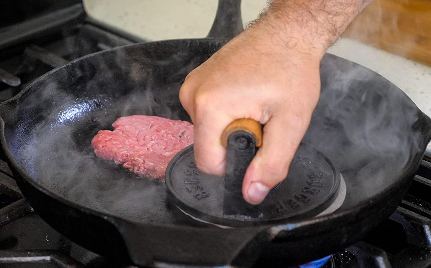The Burger Smasher - Cast Iron Burger Press Kit W/Patty Paper Included | Hamburger Press Perfect for Flat Top Grill, Cast Iron Griddle or Skillet | Meat Press and Grill Press