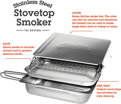 Large Stovetop Smoker - Stainless Steel BBQ Smoker Box W/Hickory & Oak Wood Chips & Recipe Guide - Indoor Outdoor Use - Great for Smoking Thanksgiving Dinner - Barbecue Grilling Gift for Men