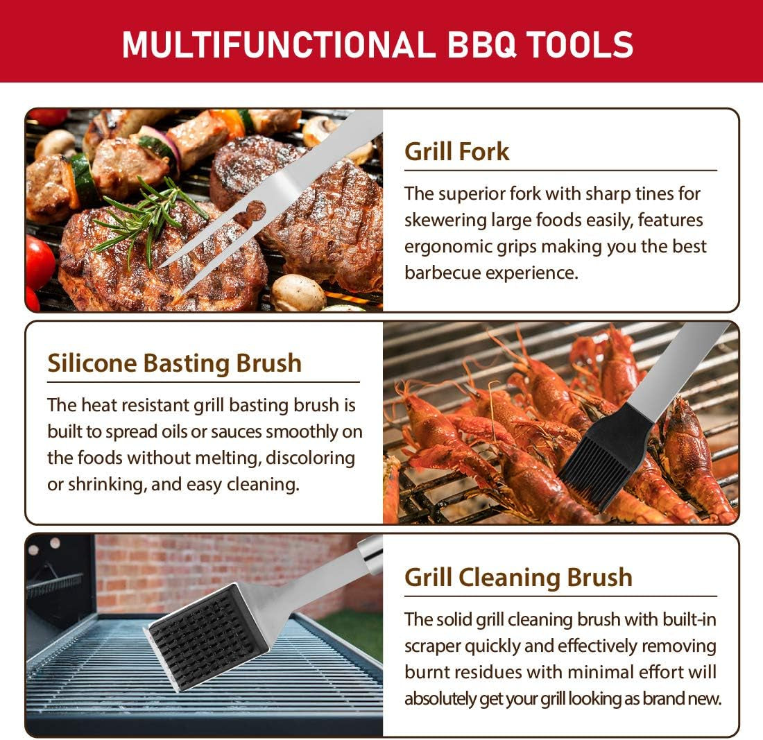 34PCS BBQ Grill Tools Set Stainless Steel Grilling Accessories with Spatula, Tongs, Skewers for Barbecue, Camping, Kitchen, Complete Premium Grill Utensils Set in Storage Bag, Silver, (BTS-34)