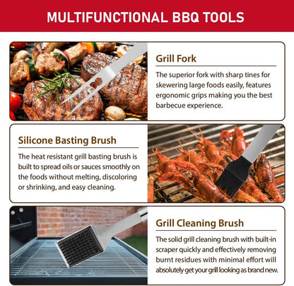 34PCS BBQ Grill Tools Set Stainless Steel Grilling Accessories with Spatula, Tongs, Skewers for Barbecue, Camping, Kitchen, Complete Premium Grill Utensils Set in Storage Bag, Silver, (BTS-34)