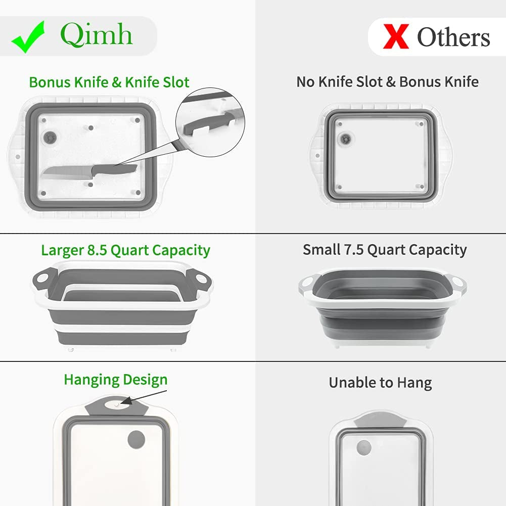 Qimh Collapsible Cutting Board - Foldable Space Saving Multi-Function Kitchen Dish Tub and Camping Sink- Washing and Draining Veggies Fruits Food Grade Storage Basket for Picnic, BBQ Prep and Camping