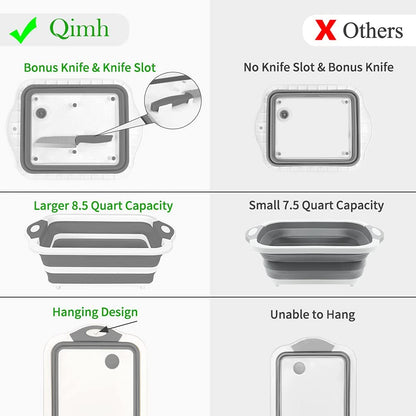Qimh Collapsible Cutting Board - Foldable Space Saving Multi-Function Kitchen Dish Tub and Camping Sink- Washing and Draining Veggies Fruits Food Grade Storage Basket for Picnic, BBQ Prep and Camping