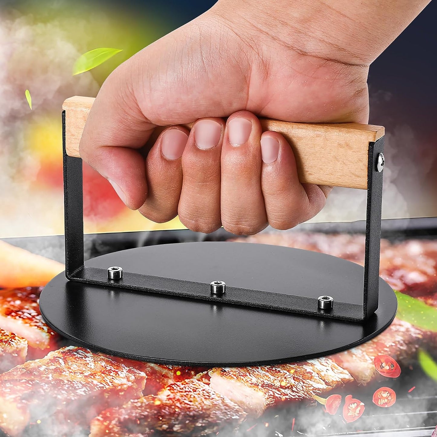 Bodkar Smash Burger Press 6 Inch, round Burger Smasher Grill Press for Griddle Bacon Press Meat Steak Press with Wood Handle