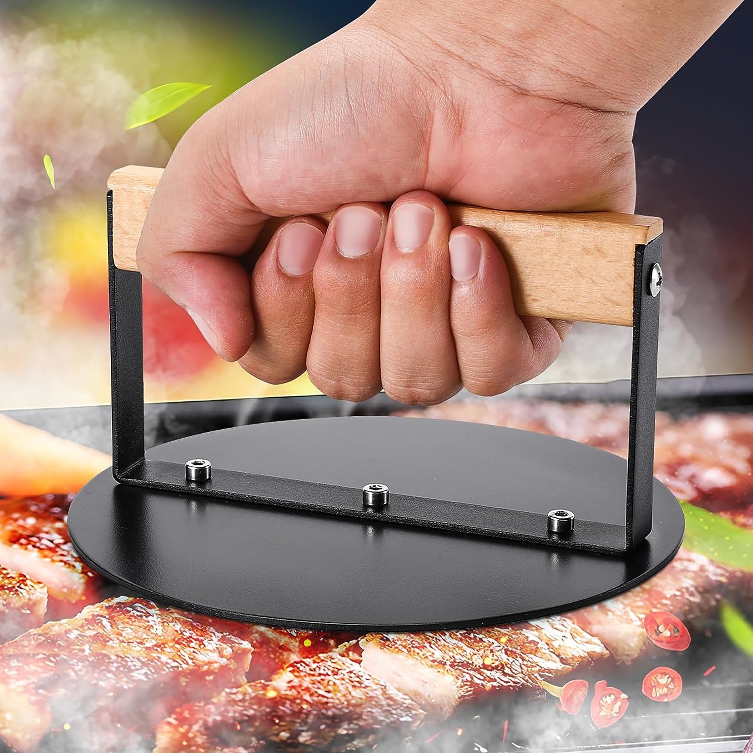 Bodkar Smash Burger Press 6 Inch, round Burger Smasher Grill Press for Griddle Bacon Press Meat Steak Press with Wood Handle