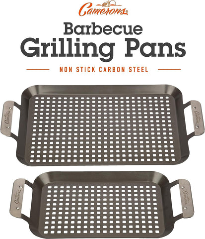 Image of BBQ Grill Topper Grilling Pans (Set of 2) - Non-Stick Barbecue Trays W Stainless Steel Handles - Indoor Outdoor Use for Meat, Vegetables & Seafood - Great for Thanksgiving Dinner - Grill Gift for Men