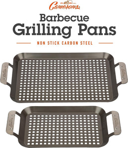 BBQ Grill Topper Grilling Pans (Set of 2) - Non-Stick Barbecue Trays W Stainless Steel Handles - Indoor Outdoor Use for Meat, Vegetables & Seafood - Great for Thanksgiving Dinner - Grill Gift for Men