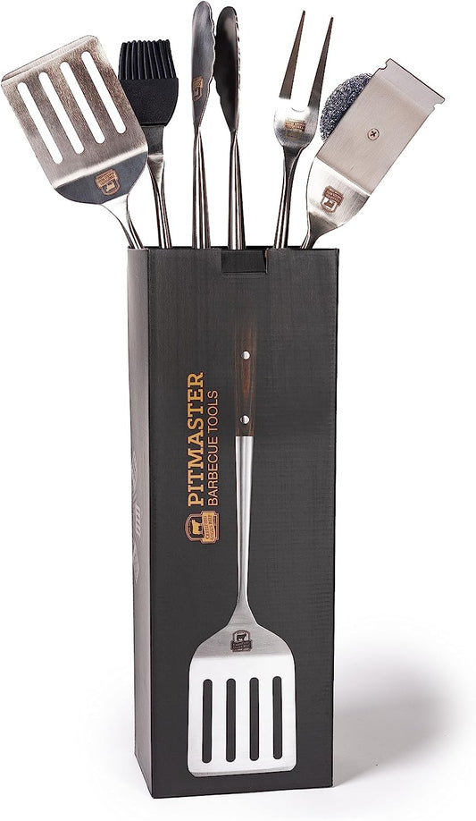 Premium Grilling Set - 5 Piece Heavy Duty Stainless Steel Grill Tool Set with Pakkawood Handles for BBQ Accessories, Tailgating, and Smoker Accessories