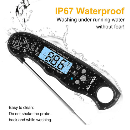 KULUNER TP-01 Waterproof Digital Instant Read Meat LCD Thermometer with 4.6” Folding Probe Backlight & Calibration Function for Cooking Food Candy, BBQ Grill, Liquids,Beef(Black)