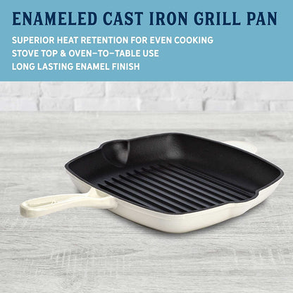 Enameled Cast Iron Square Griddle Grill Pan with Ridges, Helper Handle and Pouring Spouts for Easy Draining, Indoor Grilling Skillet, 11-Inch, Cream