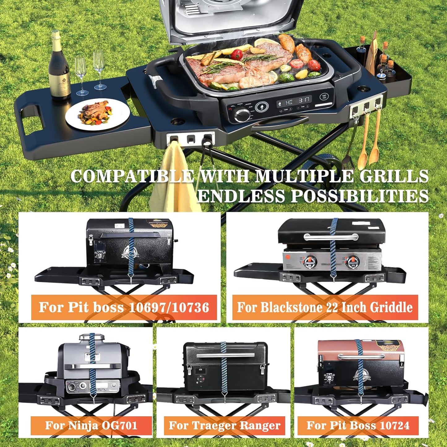 Portable Grill Cart for Ninja Woodfire Grill OG700 Series, Folding Outdoor Grill Stand for Ninja OG701, Pit Boss 10697/10724, 22" Blackstone,Traeger Ranger Griddle with Table Shelf and Basket