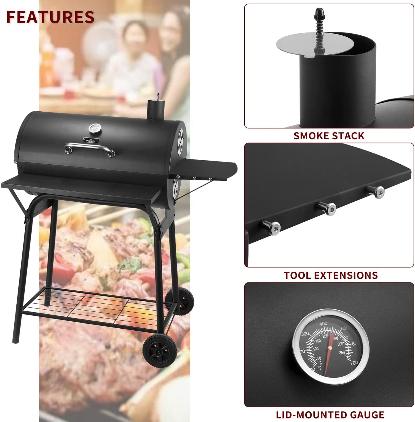 Charcoal Grills Outdoor BBQ Grill 30INCH Barrel Charcoal Grill with Side Table, 627 Square Inches, Outdoor Backyard Camping Picnics, Patio and Parties, Black by