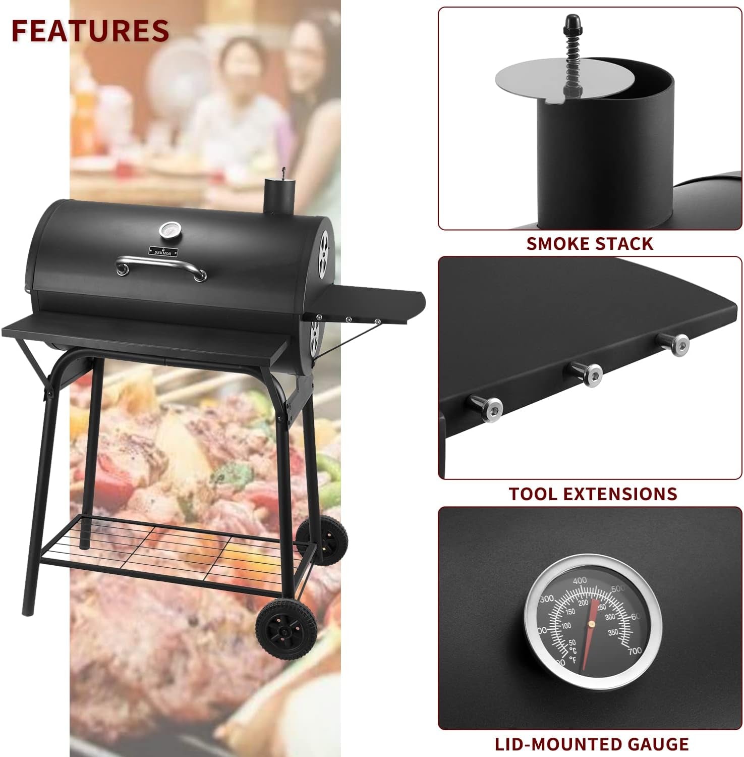 Charcoal Grills Outdoor BBQ Grill 30INCH Barrel Charcoal Grill with Side Table, 627 Square Inches, Outdoor Backyard Camping Picnics, Patio and Parties, Black by