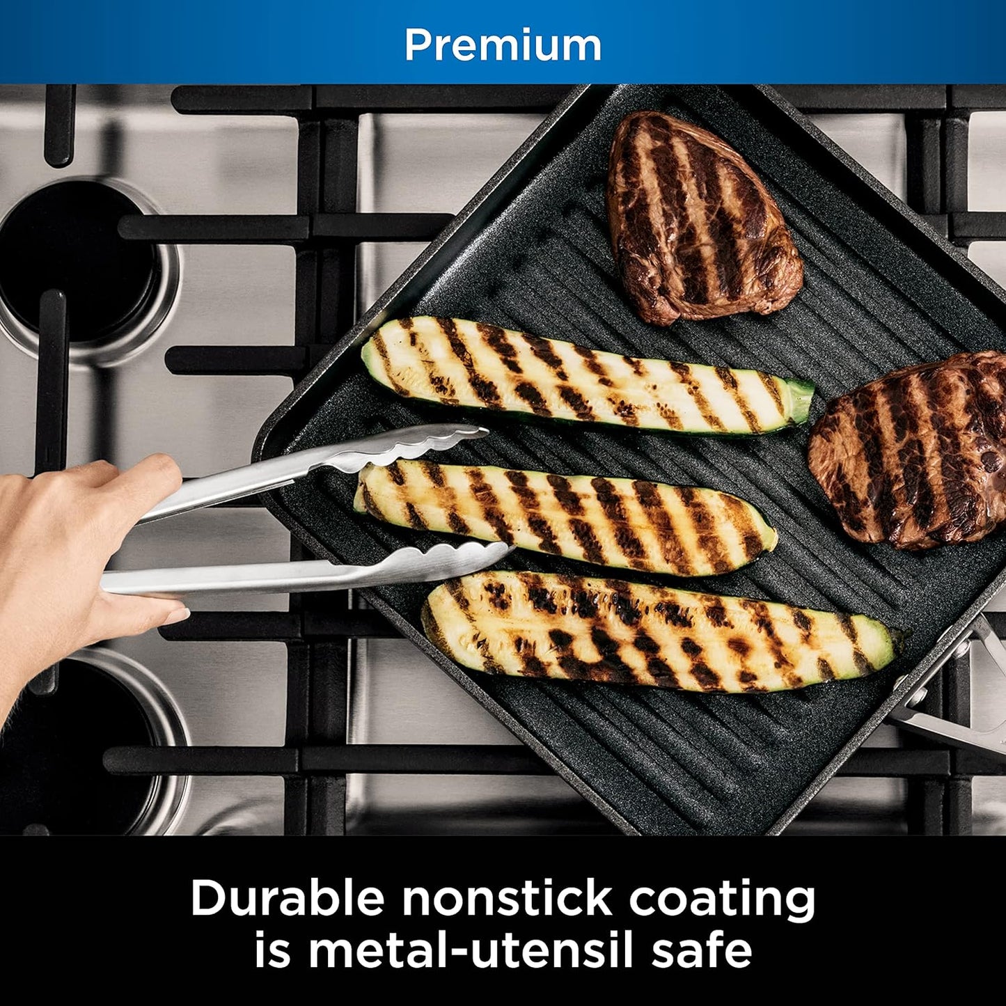 C30528 Foodi Neverstick Premium 11-Inch Square Grill Pan, Hard-Anodized, Nonstick, Durable & Oven Safe to 500°F, Slate Grey