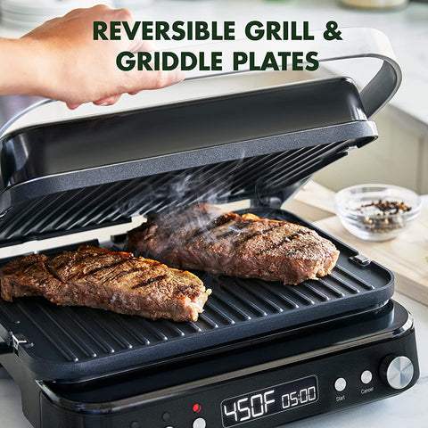 Image of 6-In-1 Multi-Function Contact Grill & Griddle, Healthy Ceramic Nonstick Aluminum, Reversible Grill and Griddle Plates, Dual Heating Options, Closed Press/Open Flat Surface, Matte Black