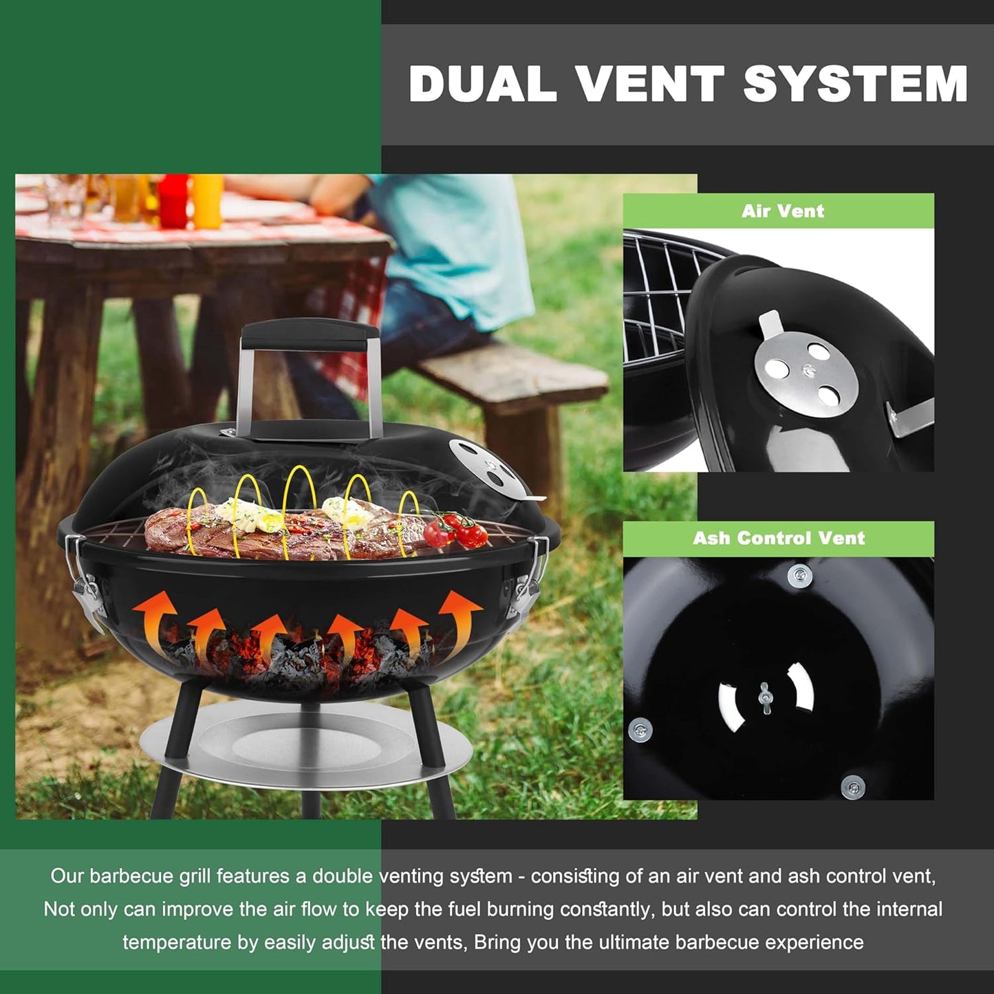 Joyfair Charcoal Grill with 2 Grilling Racks, 14In Small Portable BBQ Grill with Lid for Outdoor Camping/Patio/Backyard Barbecue/Tabletop Cooking, Enamel Coated & Dual Vent System, Black