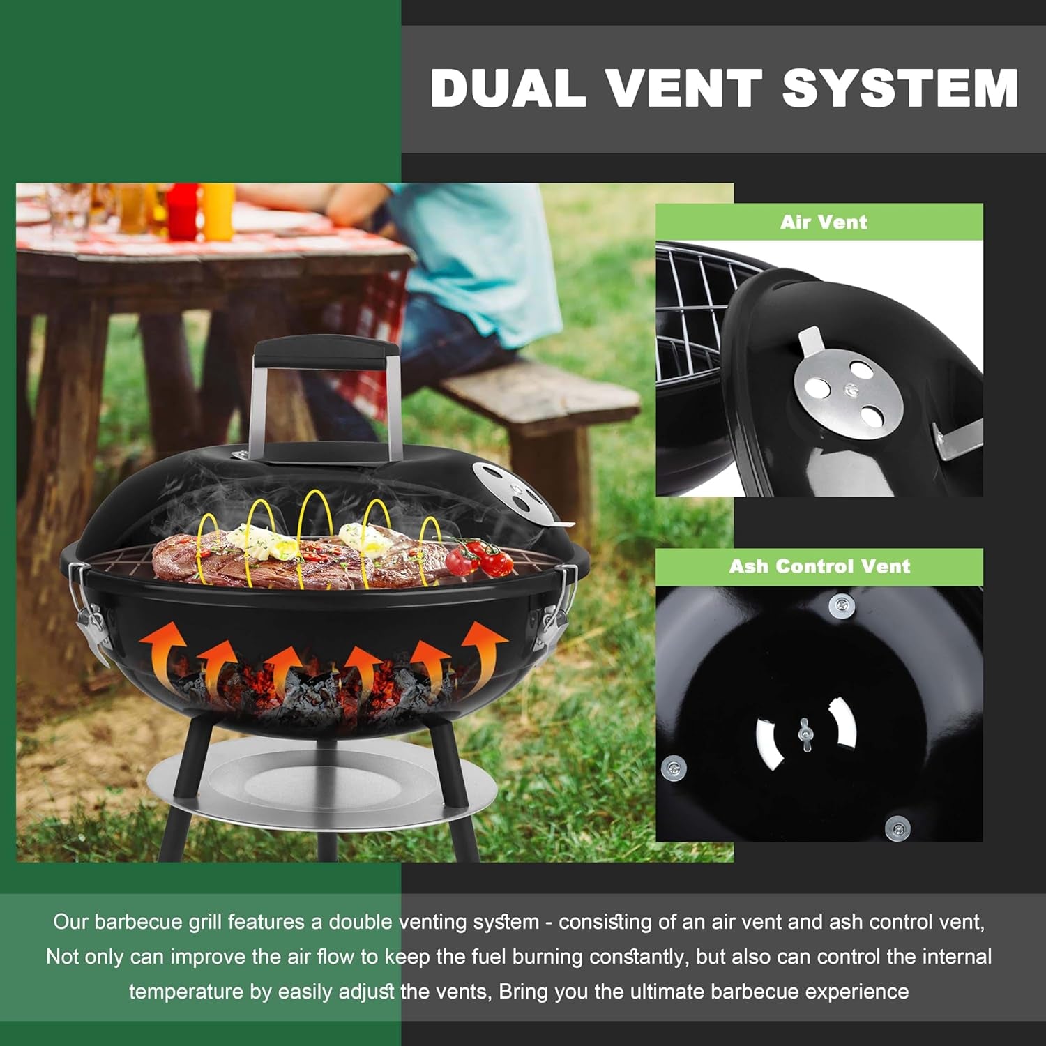 Joyfair Charcoal Grill with 2 Grilling Racks, 14In Small Portable BBQ Grill with Lid for Outdoor Camping/Patio/Backyard Barbecue/Tabletop Cooking, Enamel Coated & Dual Vent System, Black