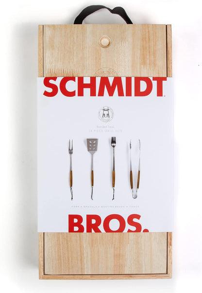 Schmidt Brothers - BBQ Bonded Teak 4 Piece Grilling Accessory Set, Full-Forged Stainless Steel Grilling Utensils Including Spatula, Fork, Basting Brush, and Tongs with All Wood Handles