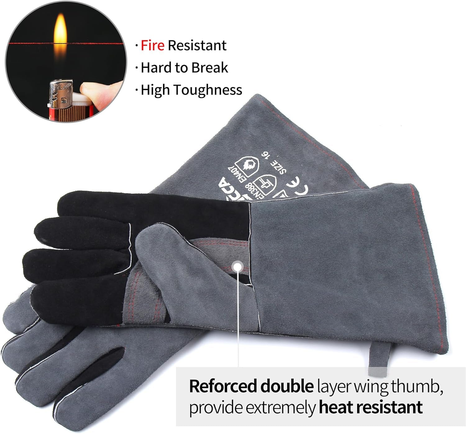 Welding Gloves 16 Inches,662℉,Heat Resistant Leather Forge/Mig/Stick Welding Gloves Heat/Fire Resistant, Mitts for Oven/Grill/Fireplace/Furnace/Stove/Pot Holder/Bbq/Animal Handling-Grey