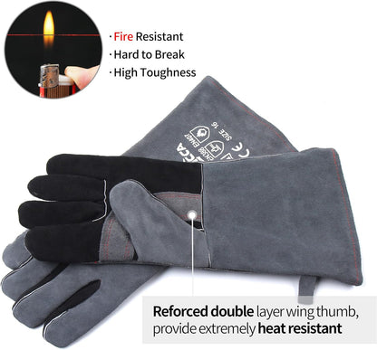 Welding Gloves 16 Inches,662℉,Heat Resistant Leather Forge/Mig/Stick Welding Gloves Heat/Fire Resistant, Mitts for Oven/Grill/Fireplace/Furnace/Stove/Pot Holder/Bbq/Animal Handling-Grey