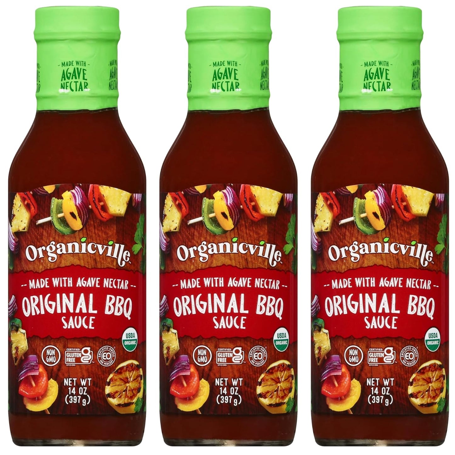 Organicville Original BBQ Sauce - Barbeque Sauce, Sweet, Smoky Flavor, Gluten Free, Vegan, Organic, Non-Gmo, Vegan Barbeque Sauce, Gluten Free Barbeque Sauce, Made with Agave Nectar - 14 Oz, 3-Pack