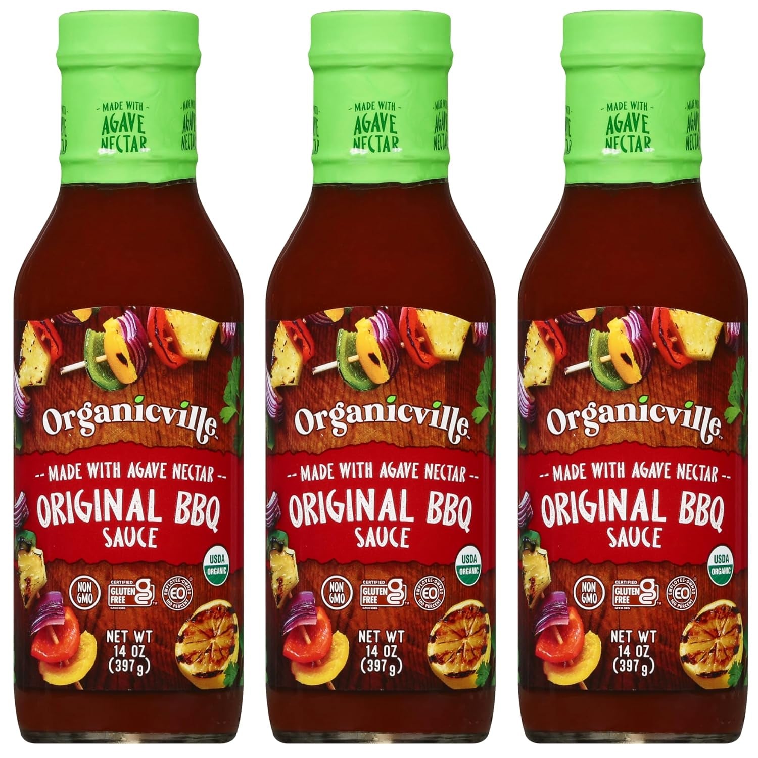 Organicville Original BBQ Sauce - Barbeque Sauce, Sweet, Smoky Flavor, Gluten Free, Vegan, Organic, Non-Gmo, Vegan Barbeque Sauce, Gluten Free Barbeque Sauce, Made with Agave Nectar - 14 Oz, 3-Pack