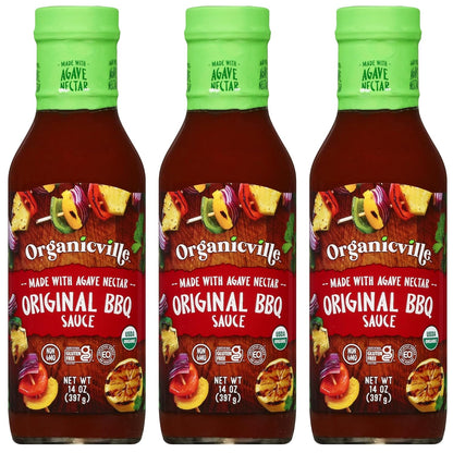 Organicville Original BBQ Sauce - Barbeque Sauce, Sweet, Smoky Flavor, Gluten Free, Vegan, Organic, Non-Gmo, Vegan Barbeque Sauce, Gluten Free Barbeque Sauce, Made with Agave Nectar - 14 Oz, 3-Pack